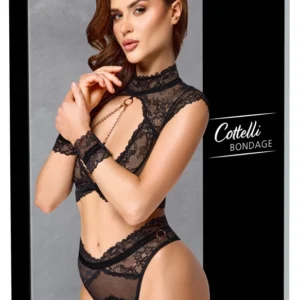 Cottelli BONDAGE nėrinių apatinio trikotažo komplektas su nuimama grandinėle, juodas, XL