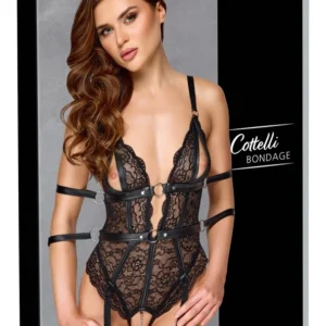 Cottelli BONDAGE nėriniuotas bodis su suvaržymo dirželiais, juodas, S