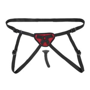 Sportsheets Saffron strap-on rinkinys su silikoniniu dildo, raudonas ir juodas