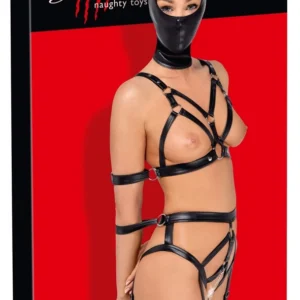 Bad Kitty diržų komplektas su kauke ir atvirais stringais, juodas, L