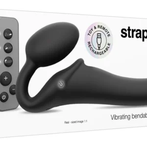 Strap-On-Me vibruojantis strap-on, lankstus, juodas, 15,2 cm