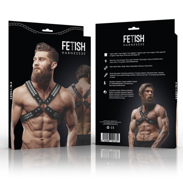 FETISH SUBMISSIVE ATTITUDE – vyriškas kryžminis krūtinės eco-odos diržas su kalvėmis - Image 2