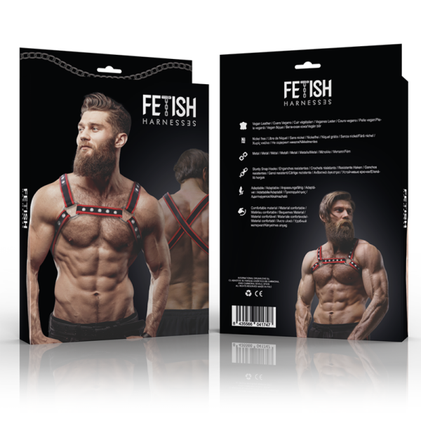 FETISH SUBMISSIVE ATTITUDE – vyriškas eko-odos krūtinės bulldogo diržas juodas/raudonas - Image 2