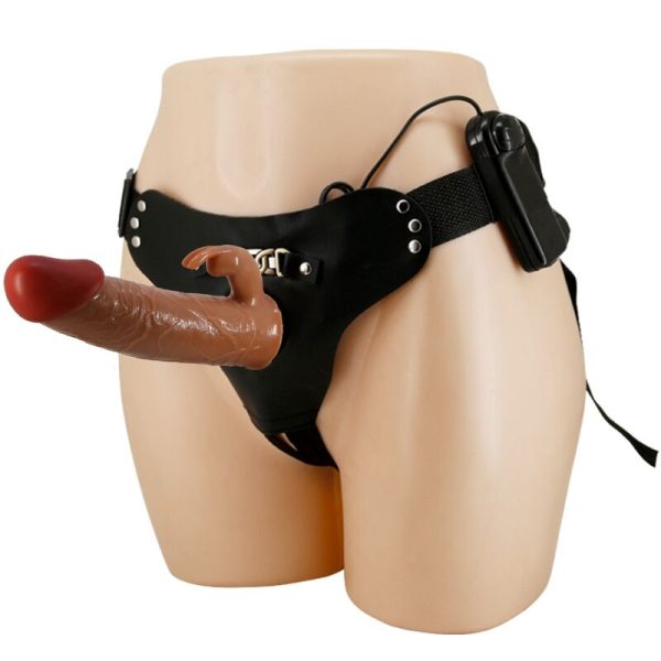 PRETTY LOVE – marion universalus diržai su vibruojantis dildas 19 cm rudas
