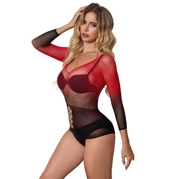 SUBBLIME DRESSES – subblime - 952259 raudonai juodas perkeliamas ilgomis rankovėmis elastinis žuvies tinklas suknelė vienas dydis - Image 2