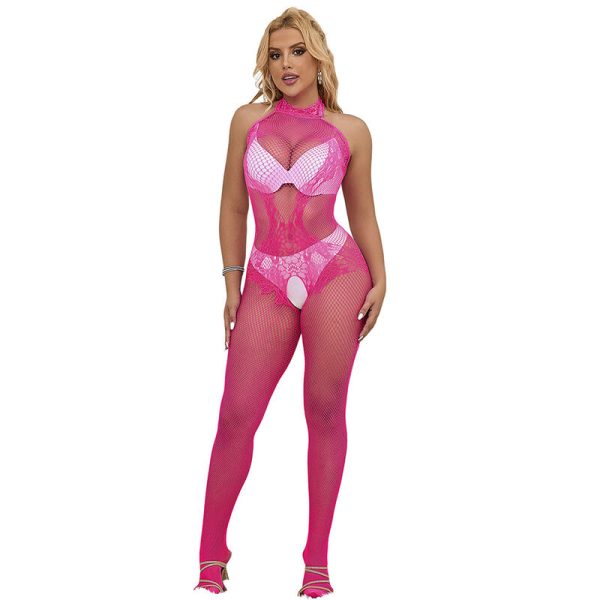 SUBBLIME BODYSTOCKINGS – subblime - 952389 tinklinis ir nėriniuotas kročas bodystokingas su aukštu kraštu rožinis vienas dydis