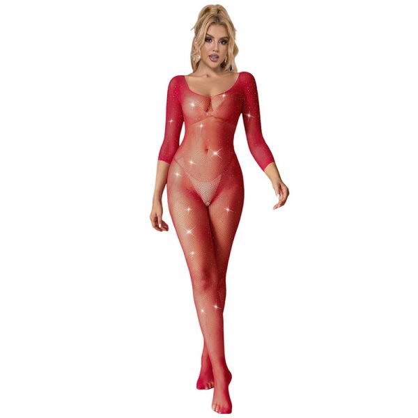 SUBBLIME BODYSTOCKINGS – subblime - 952419 tinklinis kūno kostiumas su deimantais ilgomis rankovėmis raudonas vienas dydis