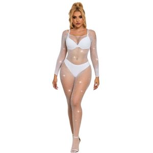 SUBBLIME BODYSTOCKINGS – subblime - 952396 tinklinis bodystockingas su deimantų ilgomis rankovėmis balta viena dydžio