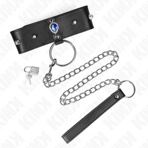 KINK COLLAR & GAG – kink - kaklo papuošalas 65 cm su diržu su mėlynais deimantais reguliuojamas 36-43 cm x 5 cm