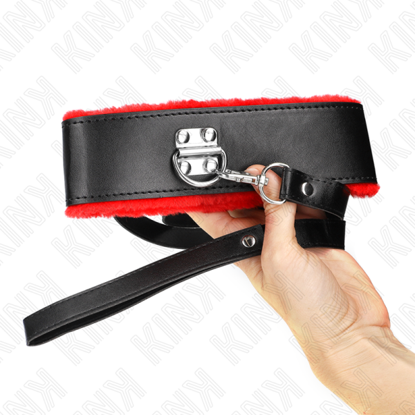 KINK COLLAR & GAG – kink - kaklo papuošalas su diržu 116 cm su raudona oda reguliuojamas 40-48 cm x 6 cm