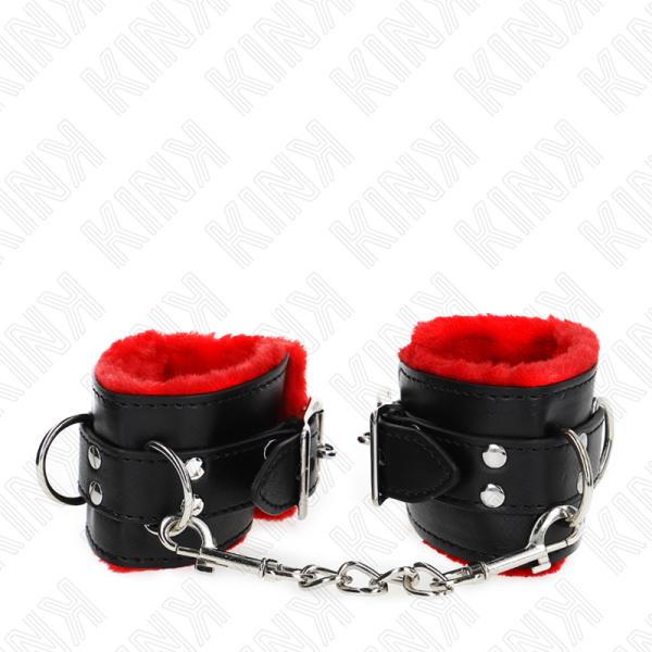 KINK WRIST RESTRAINT – kink - plišiniais apvyniojama rankų apribojimai su kvadratiniais skylais raudona ir juoda diržas reguliuojamas 17-29 cm x 6 cm - Image 3