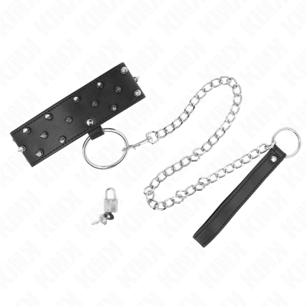KINK COLLAR & GAG – kink - kaklo papuošalas su pavadėliu 65 cm su sidabriniais studais modelis 5 reguliuojamas 36-43 cm x 5 cm