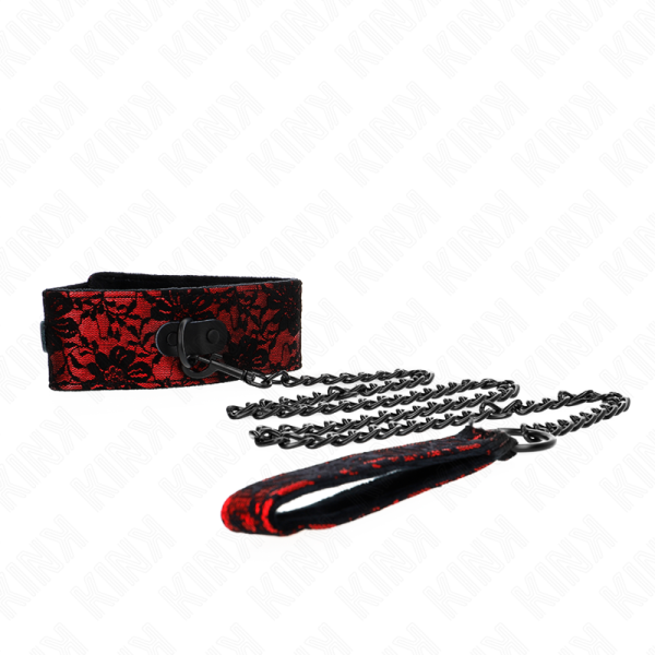 KINK COLLAR & GAG – kink - nėriniuotas kaklo papuošalas su 105 cm ilgio natūralios odos diržu / 44 x 5.5 cm