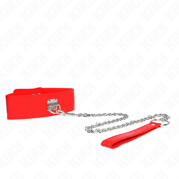 KINK COLLAR & GAG – kink - kaklo papuošalas su diržu 65 cm, platus raudonas diržas, reguliuojamas 33.5-41 cm x 5 cm