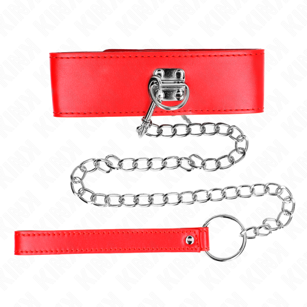 KINK COLLAR & GAG – kink - kaklo papuošalas su diržu 65 cm, platus raudonas diržas, reguliuojamas 33.5-41 cm x 5 cm - Image 3