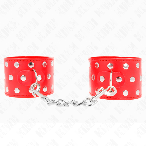 KINK WRIST RESTRAINT – kink - rankų apribojimai su spaustuku, pilni kalvyti raudoni, reguliuojami 19-24 cm x 5.5 cm
