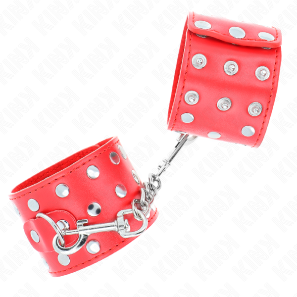 KINK WRIST RESTRAINT – kink - rankų apribojimai su spaustuku, pilni kalvyti raudoni, reguliuojami 19-24 cm x 5.5 cm - Image 2