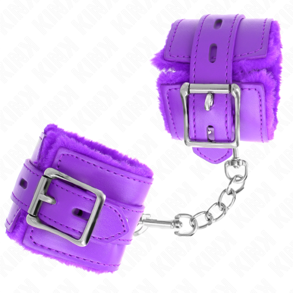 KINK WRIST RESTRAINT – kink - purpurinės avikailio apyrankės su kvadratiniais skylais ir reguliuojamas diržas 17-29 cm x 6 cm - Image 2