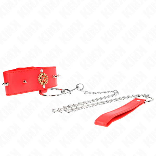 KINK COLLAR & GAG – kink - raudonas diamantų kaklo vėrinys su diržu 65 cm reguliuojamas 35-51 cm x 7 cm