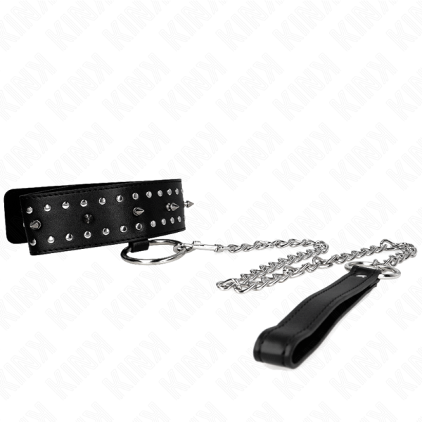 KINK COLLAR & GAG – kink - kaklo papuošalas su pavadžia 65 cm su sidabriniais kalniečiais modelis 1 reguliuojamas 36-43 cm x 5 cm