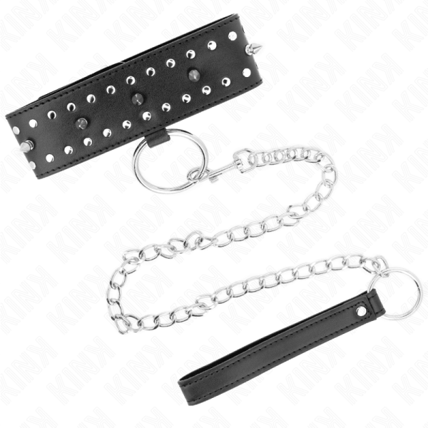 KINK COLLAR & GAG – kink - kaklo papuošalas su pavadžia 65 cm su sidabriniais kalniečiais modelis 1 reguliuojamas 36-43 cm x 5 cm - Image 3