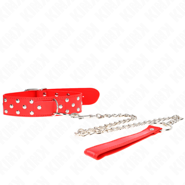 KINK COLLAR & GAG – kink - žiedas su kalvėmis ir diržu 65 cm raudonas reguliuojamas 36-50 cm x 3.8 cm
