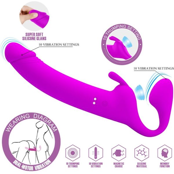 PRETTY LOVE – be diržo zanini strap-on 10 vibracijų purpurinis - Image 2