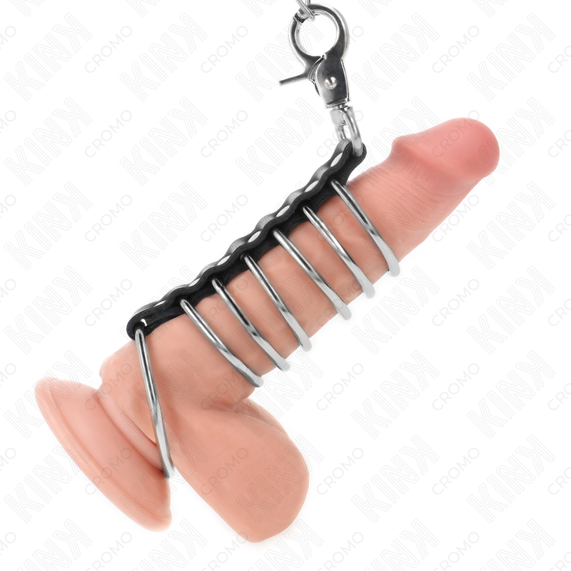 KINK RING POWER – kink - 7 metalinių penio žiedų 3.8 cm iki 5 cm, su oda ir metalo grandine 100 cm