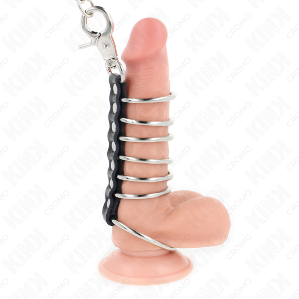 KINK RING POWER – kink - 7 metalinių penio žiedų 3.8 cm iki 5 cm, su oda ir metalo grandine 100 cm - Image 2