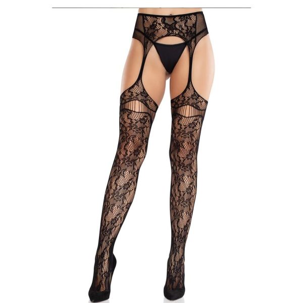 LEG AVENUE HOSIERY – leg avenue - nėrinių puskojų su dirželiais juodos