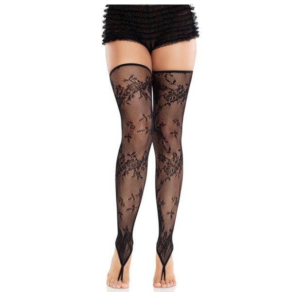 LEG AVENUE HOSIERY – leg avenue - gėlių nėrinių be pėdkelnių juodos