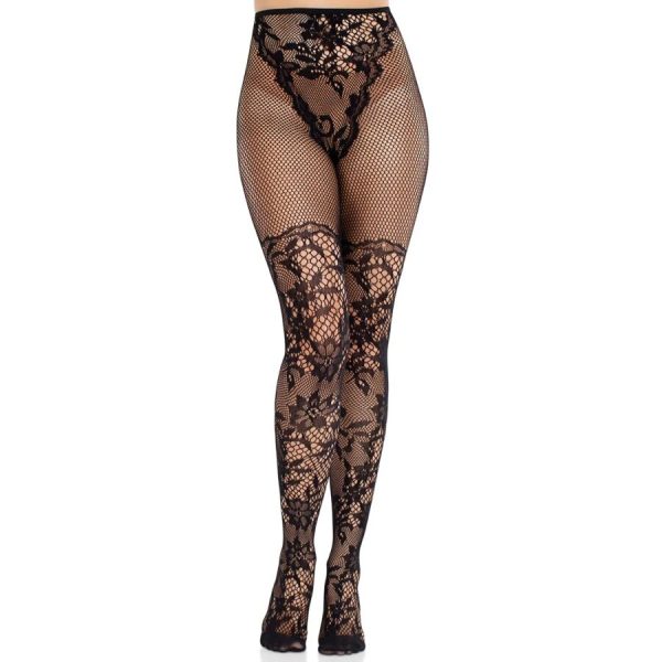 LEG AVENUE HOSIERY – leg avenue - dahlia nėrinių puskojinės su tinklu juodos