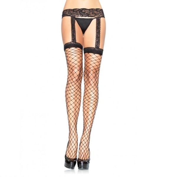 LEG AVENUE HOSIERY – leg avenue - žvejybos tinklo kojinės su juodu nėriniuotu diržu