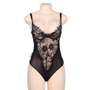 SUBBLIME QUEEN PLUS SIZE – subblime - queen plus gėlių nėrinių ir pomponų juodas kostiumas