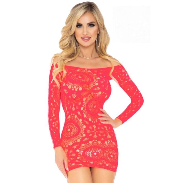 LEG AVENUE DRESSES – leg avenue - nėrinių ilgų rankovių mini suknelė raudona vienas dydis