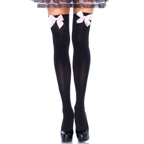 LEG AVENUE HOSIERY – leg avenue - juodos nailono kelnės su rožine kaspinėliais vienas dydis