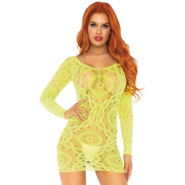 LEG AVENUE - CROCHET LACE LONG SLEEVE MINI DRESS NEON ONE SIZE - Image 3