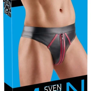 Svenjoyment Thong M – juodas wetlook su raudonomis juostomis