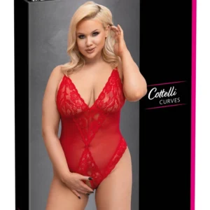 Cottelli CURVES nėriniuotas bodis atviru tarpkoju, raudonas, 3XL