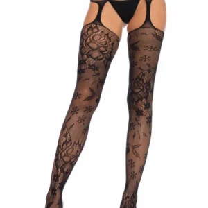 Leg Avenue Chelsea Floral Lace kojinės su keliaraiščiu, juoda