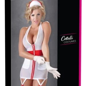 Cottelli Nurse S slaugytojos kostiumas su kojinių dirželiais, baltas ir raudonas, S