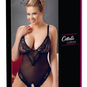 Cottelli nėriniuotas bodis su atviru tarpkoju, juodas, 3XL