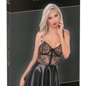 Noir Handmade trumpa suknelė su nėriniais ir wetlook sijonu, juoda, S